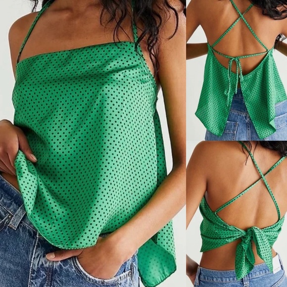 Free People Tops - Free People Green Polka Dot Tie Back Cami Open Back with Adjustable Ties Size XS